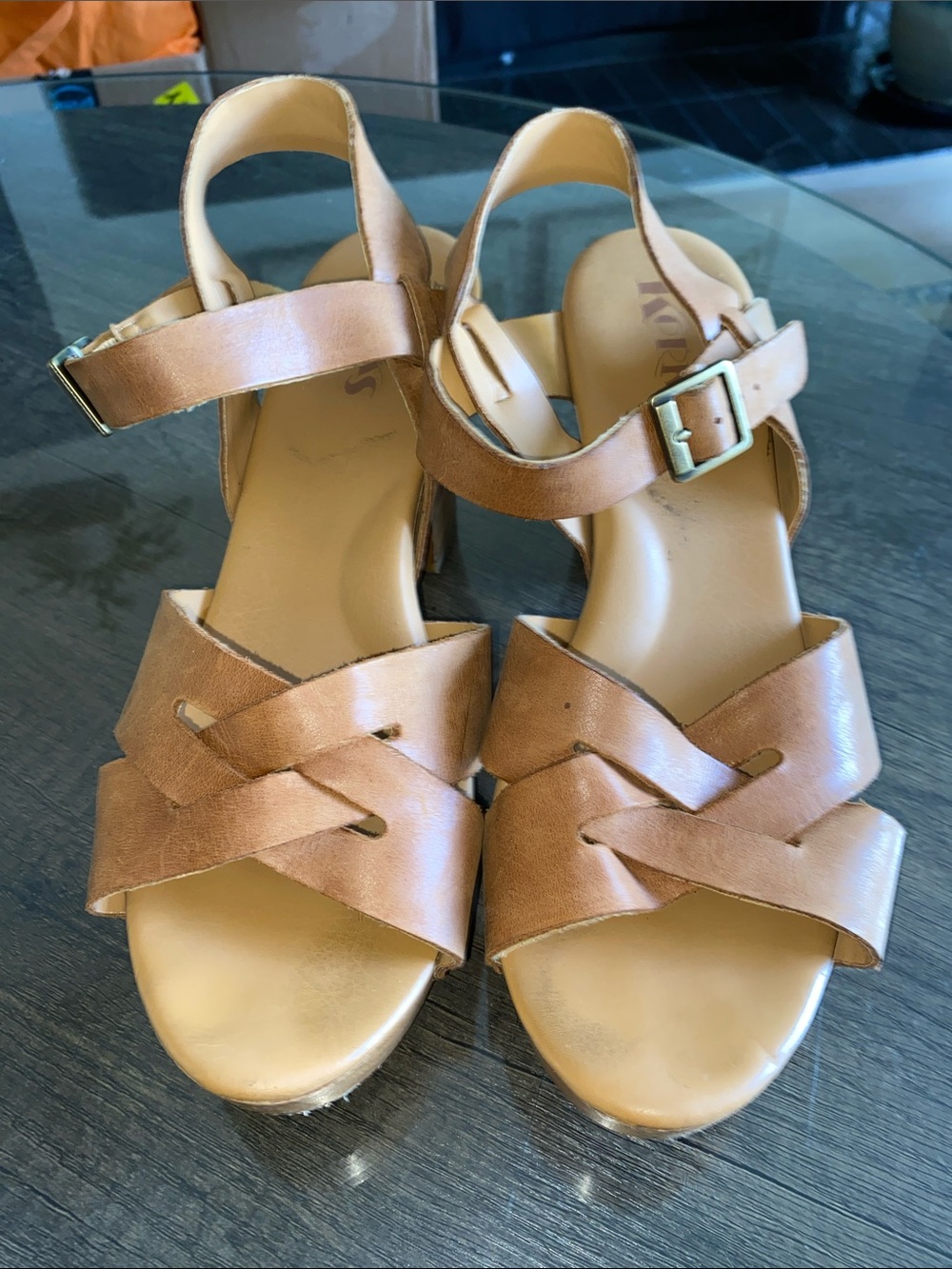 Kork-Ease Women's Tan Leather Woven Ankle Strap Sandals